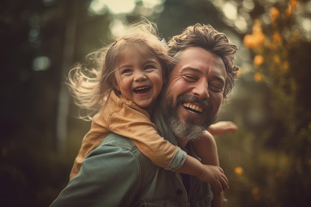 Pai e filha sorriem para a câmera.