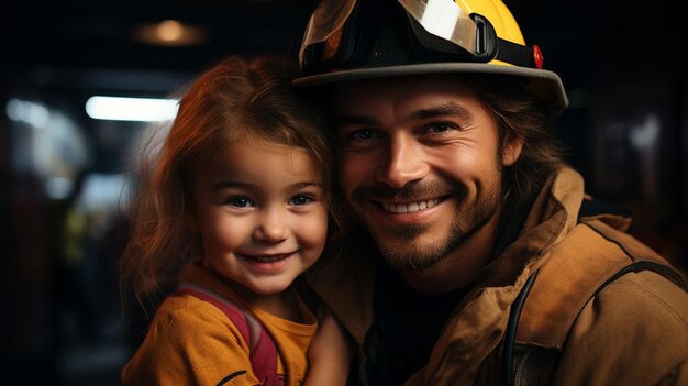 pai e filha sorrindo em capacete de segurança na estação de bombeiros