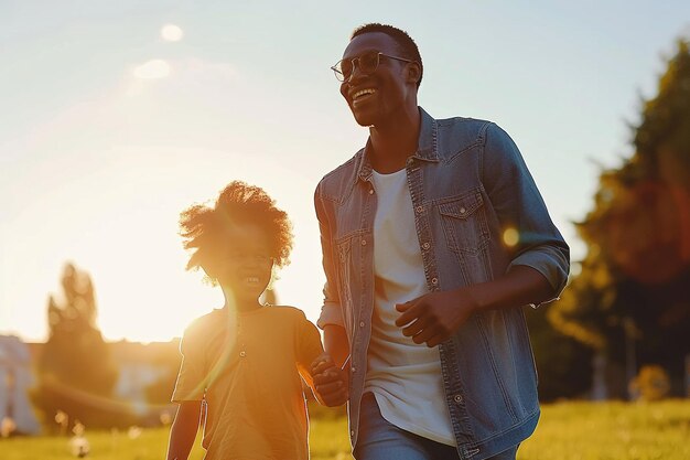 Pai e filho a caminhar felizes pelo parque num belo pôr-do-sol.