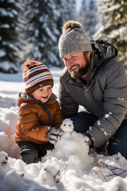 Pai e filho a construir um boneco de neve.