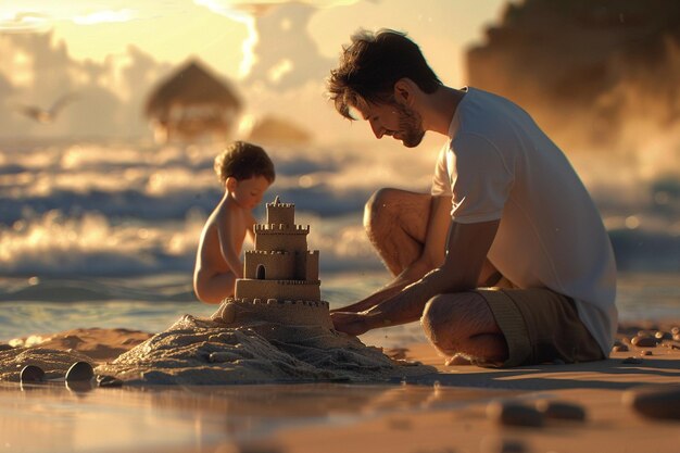 Pai e filho a construir um castelo de areia na praia.