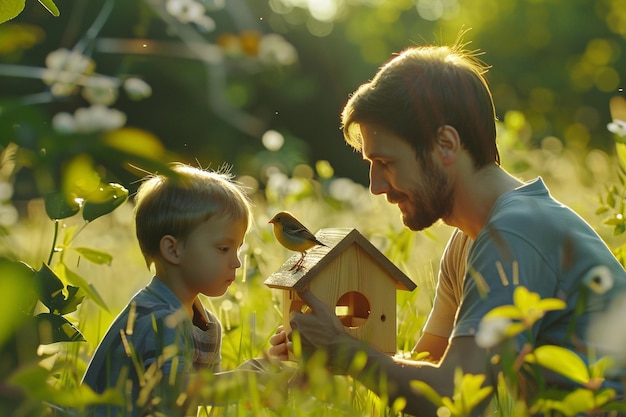 Pai e filho a construir uma casa de pássaros juntos