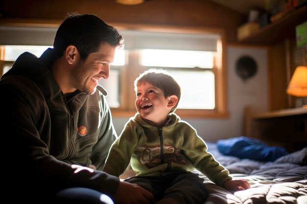 Pai e filho a conversar em casa, a animar.