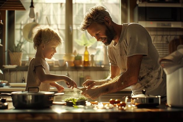 Foto pai e filho a cozinhar juntos