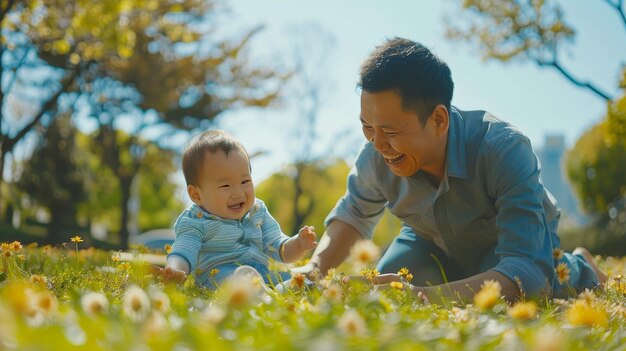 Pai e filho a divertir-se no parque.