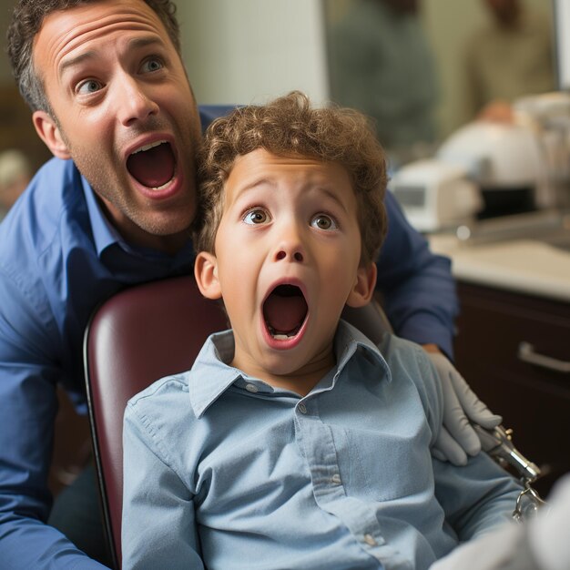 Pai e filho a gritar de medo ao dentista.