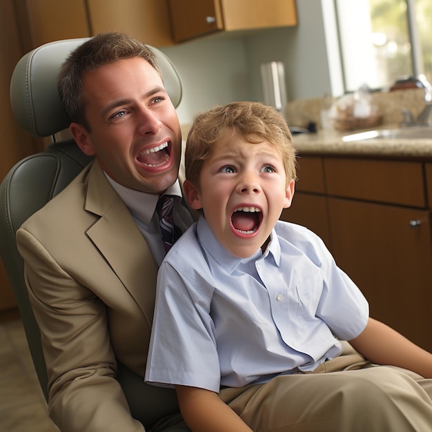 Pai e filho a gritar de medo ao dentista.