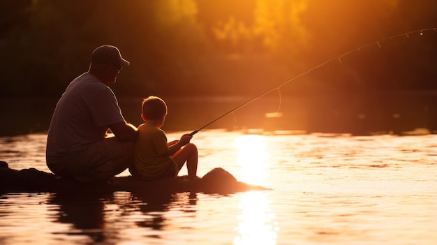 Pai e filho a pescar ao pôr-do-sol