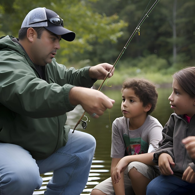 Foto pai e filho a pescar juntos num lago concentram-se no rapaz