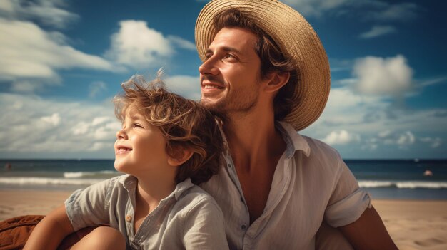 Pai e filho a relaxar na praia.