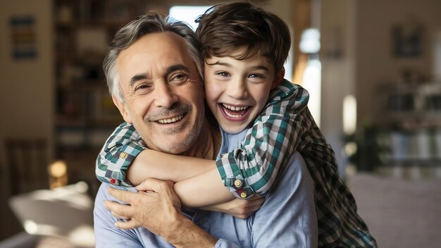 Pai e filho alegres abraçados