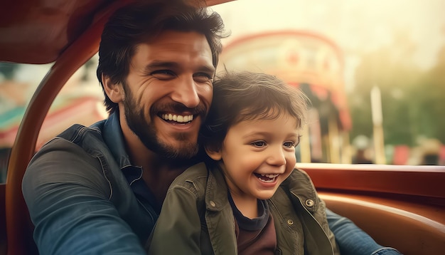 Pai e filho andando em um parque de diversões em um carnaval de conceito de carro