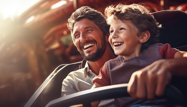 Foto pai e filho andando em um parque de diversões em um carnaval de conceito de carro