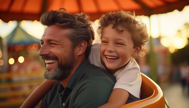 Pai e filho andando em um parque de diversões em um carnaval de conceito de carro