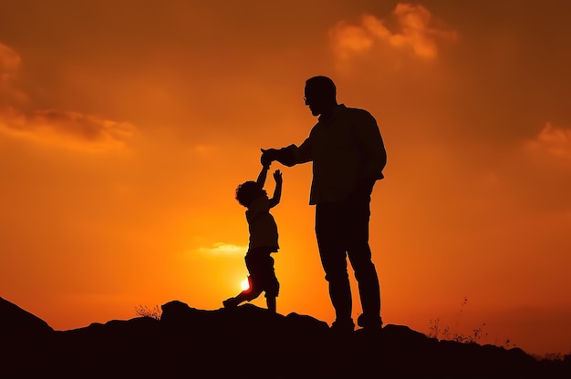 Pai e filho ao ar livre momento quente ao pôr do sol