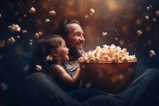 Foto pai e filho assistindo a um filme e dividindo um pote de pipoca dia dos pais