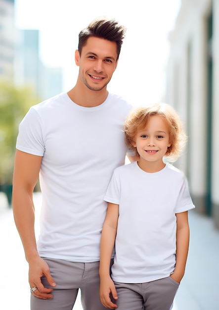 pai e filho brancos vestindo camisetas brancas combinando