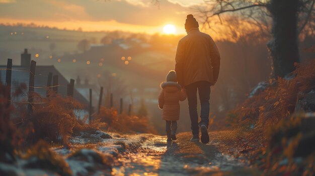 Pai e filho caminhando ao pôr do sol no Dia dos Pais