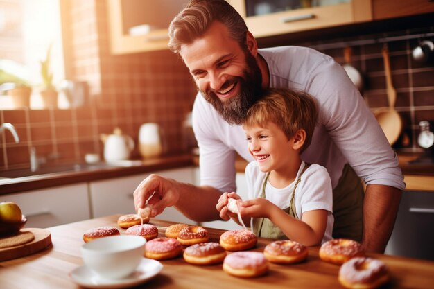 Foto pai e filho com donuts juntos na cozinha