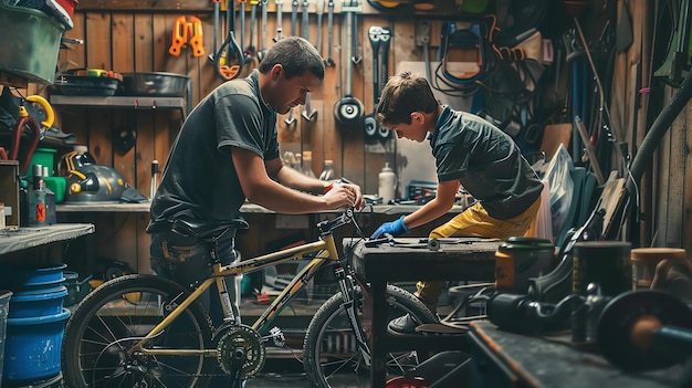 Pai e filho consertando uma bicicleta juntos em uma garagem Eles estão ambos vestindo roupas casuais e o menino está usando uma luva