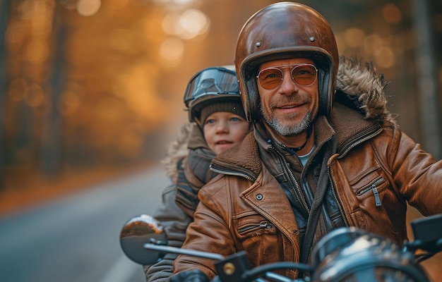 Foto pai e filho de uma família de motociclistas