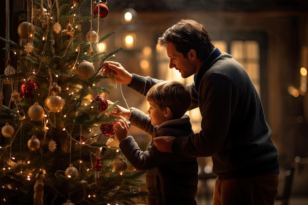 Pai e filho decoram a árvore de Natal com bolas de Natal e guirlanda leve Conceito de família