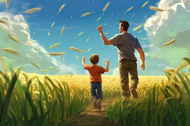 Pai e filho descobrindo maravilhas na paisagem rural