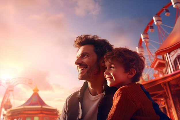 Pai e filho desfrutando de um dia no parque de diversões