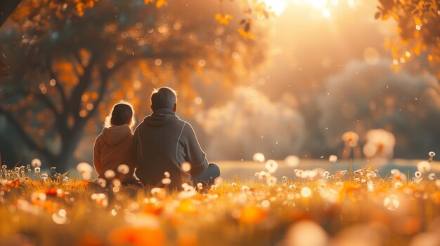 Pai e filho desfrutando de um piquenique ao pôr do sol no Dia dos Pais