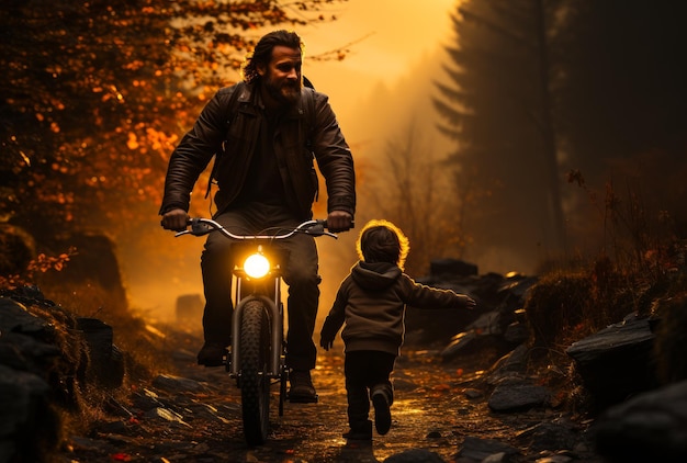 Pai e filho em motocicleta na floresta