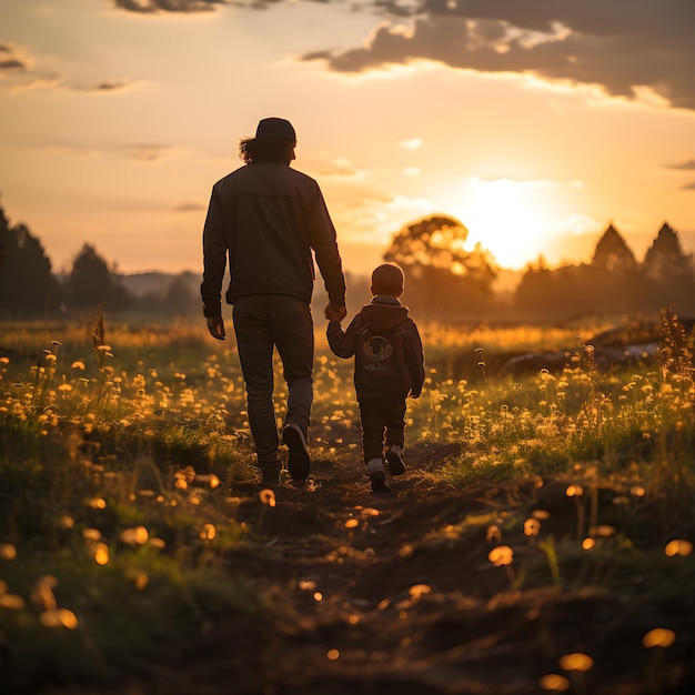 Pai e filho estão de mãos dadas à tarde generativa ai