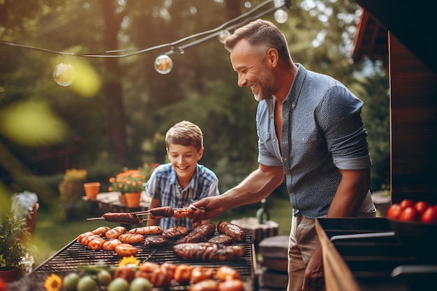 Pai e filho estão preparando um churrasco no quintal