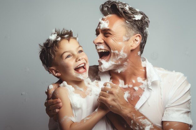Pai e filho fazendo a barba em casa brincam com creme para a pele Gerar Ai