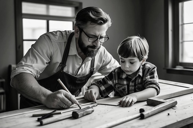 Pai e filho fazendo carpintaria página de coloração