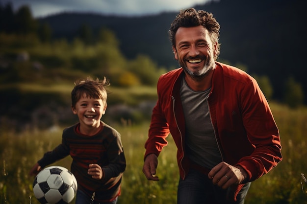 Pai e filho jogando futebol com uma bola