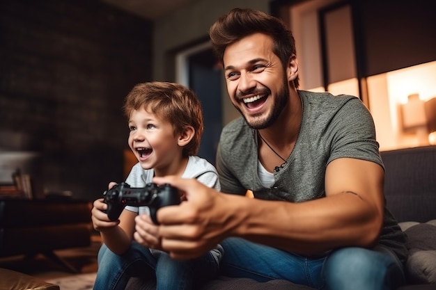 Pai e filho jogando videogame