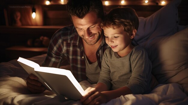 Foto pai e filho lendo um livro juntos na cama