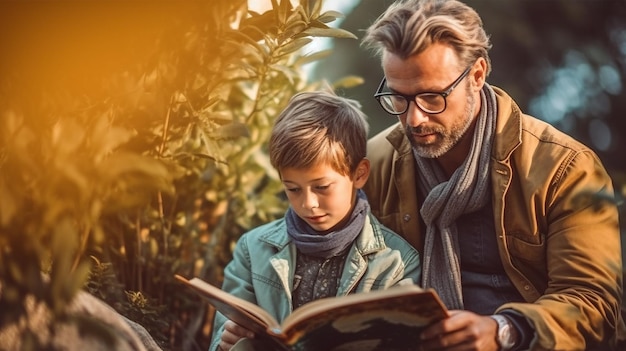 Foto pai e filho lendo um livro juntos