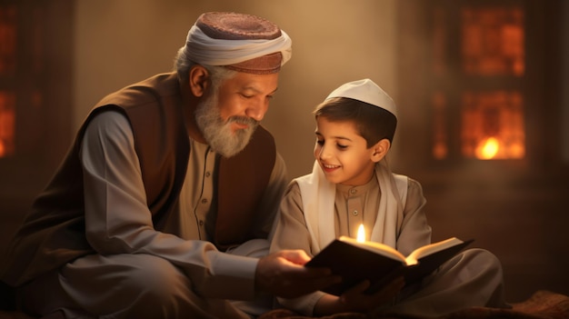 Foto pai e filho muçulmanos árabes lendo o alcorão