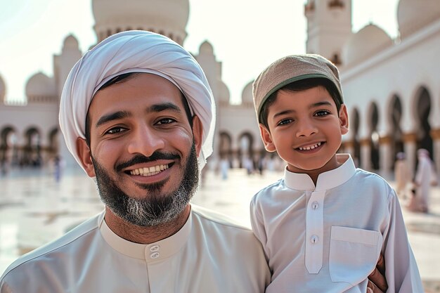 Pai e filho muçulmanos sorrindo para a câmera em frente à mesquita