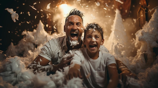 Foto pai e filho na piscina com bolhas de sabão