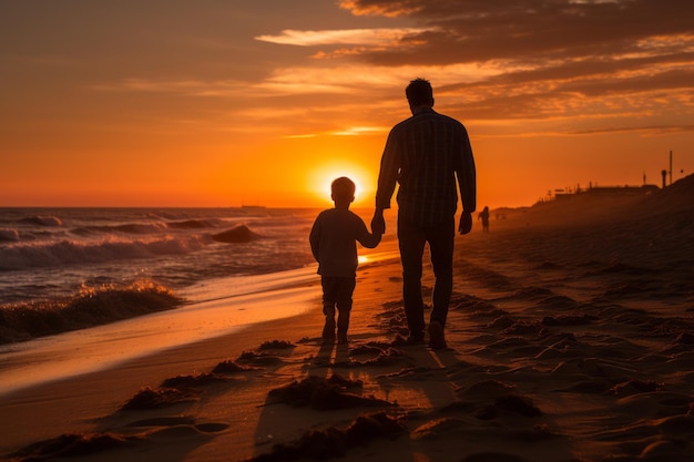 Pai e filho na praia ao pôr do sol IA generativa