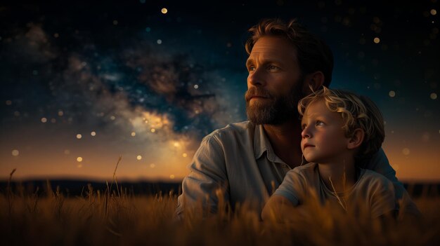 Pai e filho observando as estrelas no campo no Dia dos Pais