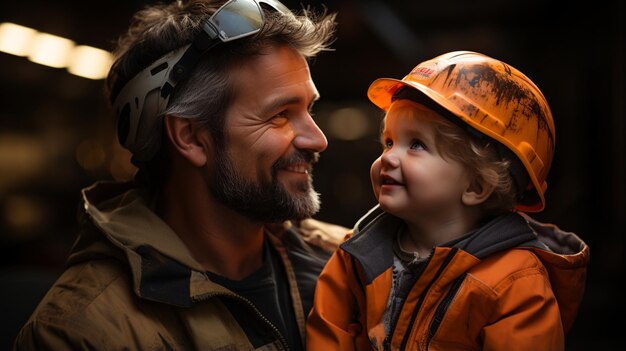 Pai e filho pequeno trabalhadores da construção em uniformes especiais