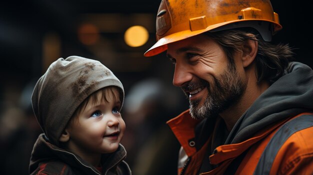 Pai e filho pequeno trabalhadores da construção em uniformes especiais