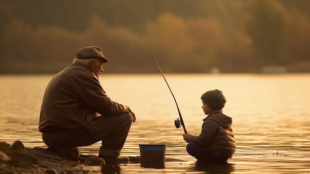 Pai e filho pescando em um lago, vovô, avô, peixe de montanha, rio, ligação Generative AI