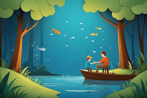 Pai e filho pescando feliz cartão de dia do pai estilo de corte de papel ilustração vetorial