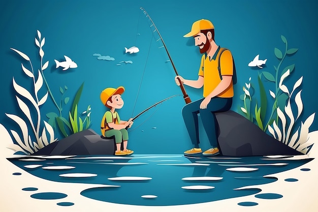 Pai e filho pescando feliz cartão de dia do pai estilo de corte de papel ilustração vetorial