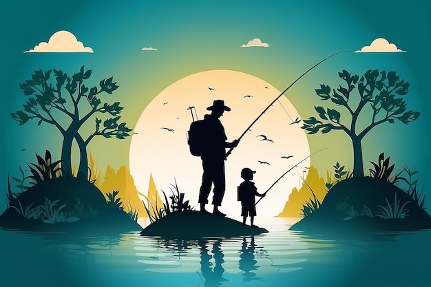 Pai e filho pescando feliz cartão de dia do pai estilo de corte de papel ilustração vetorial