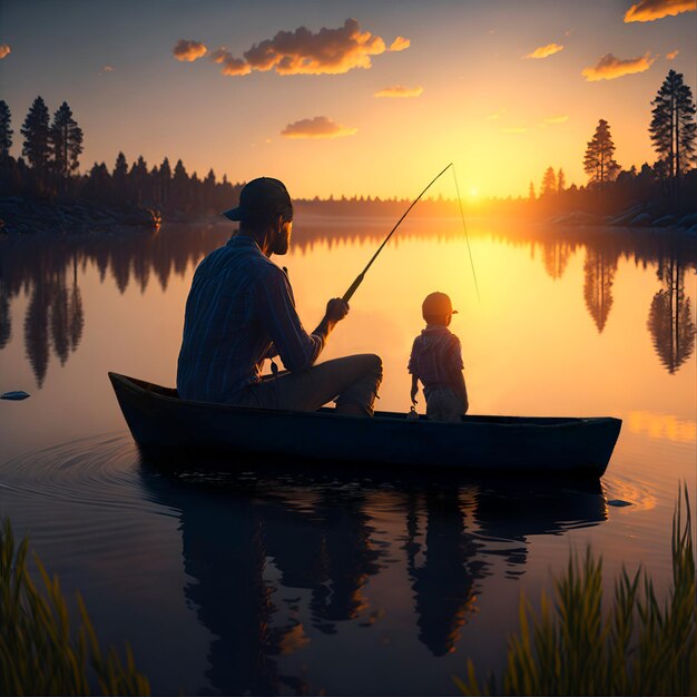 Pai e filho pescando juntos e criando vínculos criados com IA generativa